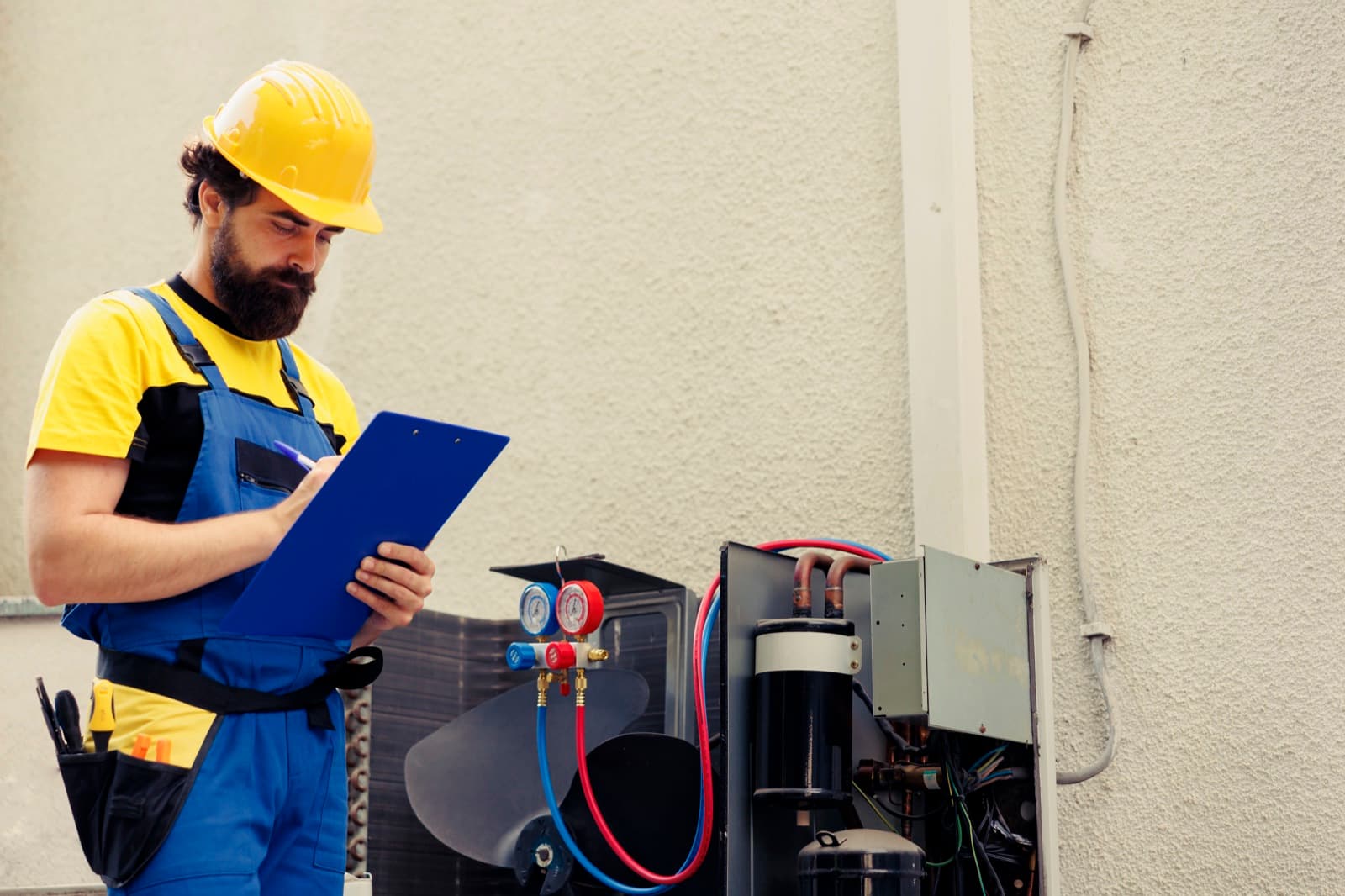 Technician checking manifold gauges for AC refrigerant leaks